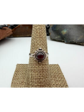 Sterling Silver Red Garnet Cabochon Beaded Bezel Ring
